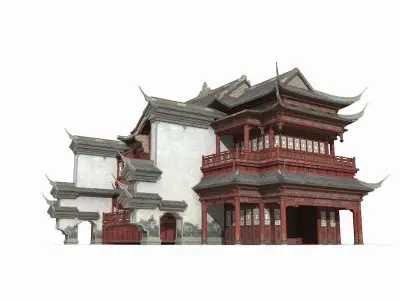 Ancient Chinese style restaurants Low-poly 3D model