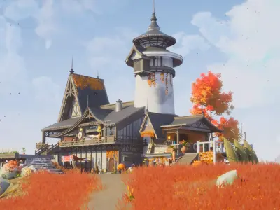 Stylized Autumn Oakfall House  UE Environment Low-poly 3D model