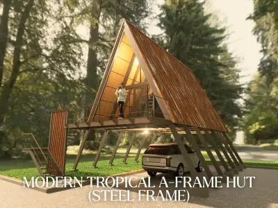 Modern Tropical A-Frame Hut l Rust Metal Sheet Cabin 3D model