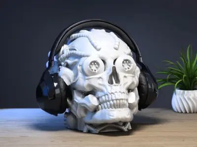 Robot Skull Headphone Stand Cyborg Headset Stand 3D print model 7