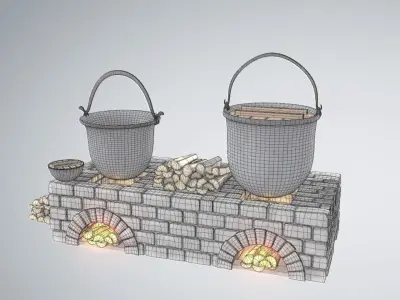 Fireplace Area with Pots and woods 3D model
