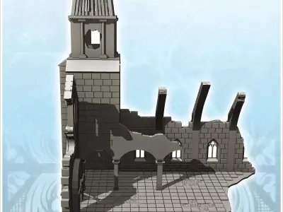 Ruined church with door and damaged bell tower 22 - Modern WW2 W 3D print model