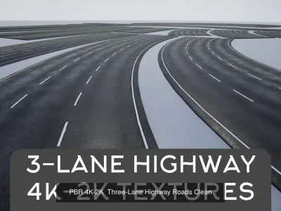 PBR 4K-2K Three-Lane Modular Highway Collection 3D Model Pack