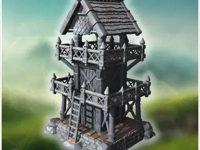 Tall wooden watchtower with fortified railings a ladder and that 3D print model