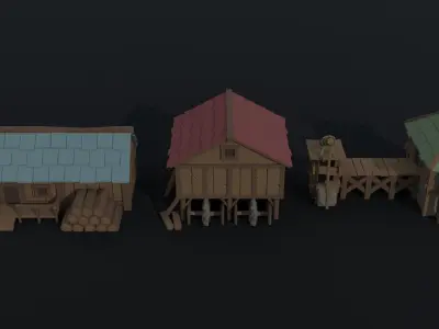 Cartoon fantasy city buildings Polygonal Style Low-poly 3D model