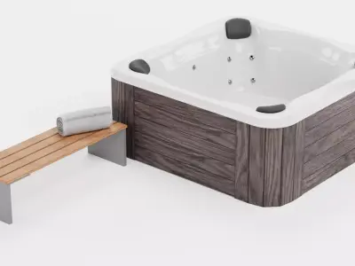 Garden Setup V10 - Wooden Hot Tub with Bench Low-poly 3D model
