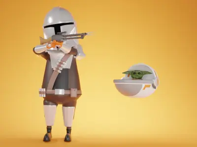 Simple Cartoon Model of The Mandalorian and Baby Yoda 3D model