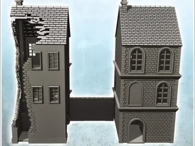 Set of two ruined two-storey buildings with low partition wall 2 3D print model