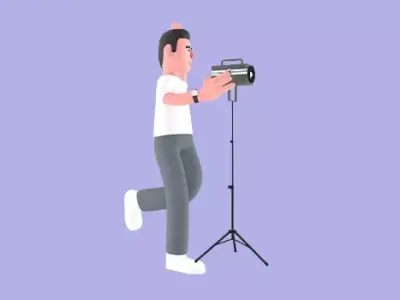 Happy 3D Male Photographer Waving with Studio Light - Cartoon 3D model