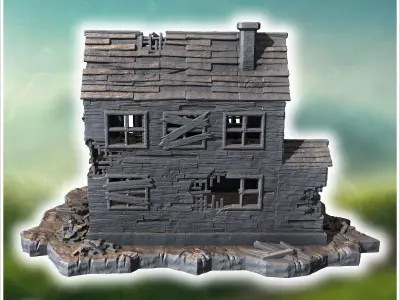 Collapsed two-story wooden structure with broken balcony damaged 3D print model