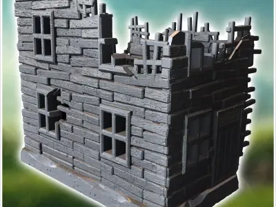 Partially destroyed wooden house with broken beams missing roof  3D print model
