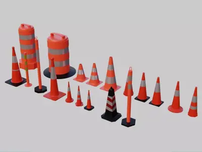 Traffic Cones and Construction barrels Collection - 19 items Low-poly 3D model