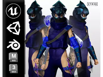 Aokami Stylized Sci Fi Ninja Warrior Game Ready Character Low-poly 3D model