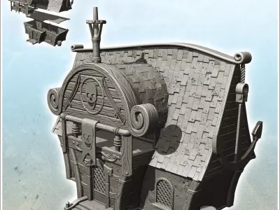 Hull-shaped pirate building with large decorative anchor mast 3  3D print model