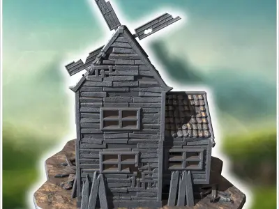 Old wooden windmill with broken blades damaged walls and scatter 3D print model