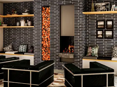 Modern kitchen and living room interior and exterior 3D model