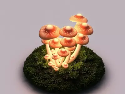 Glowing Fantasy Mushrooms on Moss Low-poly 3D model