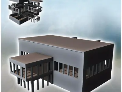 Modern flat-roofed building with internal staircase and raised a 3D print model