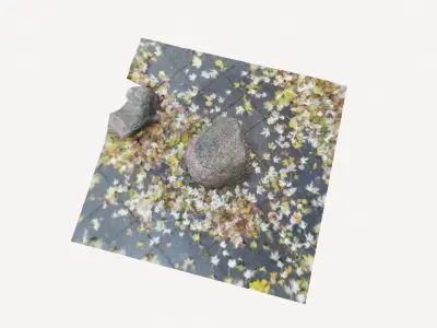 Round Stone With Moss and Leaves - A 3D model