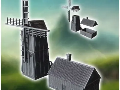Set of wooden mill on a square base with an annex farm building  3D print model