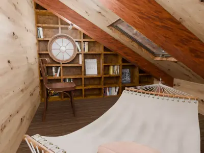 The attic room with the large bookshelf 3D model