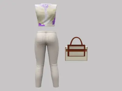 Floral Top Beige Pants Bag Fashionable Casual Street Outfit Low-poly 3D model