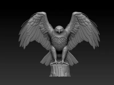 Open Wings Eagle Statue on Tree Stump Detailed Sculpture 3D print model