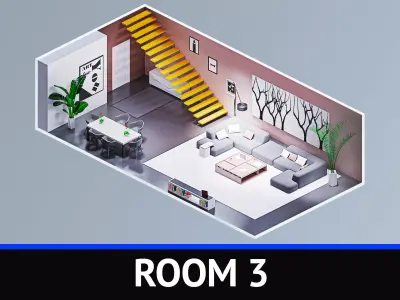 Room 3 living with stairs Low-poly 3D model