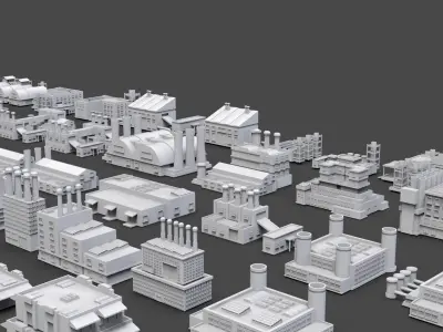 Low Poly Industrial Building Pack Of 60 -Game Ready -Untextured 3D model