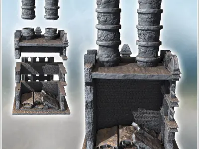 Destroyed modern factory with double chimneys and two storeys 3  3D print model