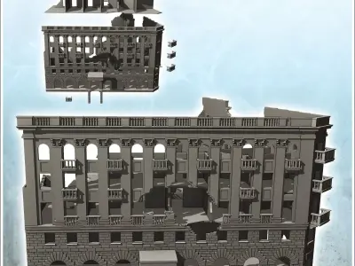 Large ruined urban building with multiple floors and entrance ca 3D print model