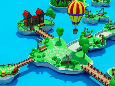 Cartoon sea village Low-poly 3D model