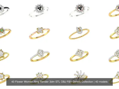 40 Flower Women Ring Render 3dm STL OBJ FBX Details Collection 3D Model Pack