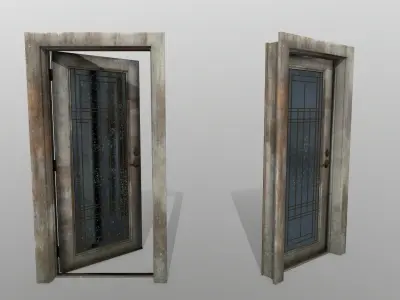 door 2 old wooden with glass window Low-poly 3D model