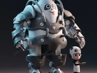 Robot Panda and Panda Kid Character 3D model