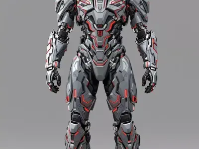 Red Light Mech Suit 3D Model Silver Armor Sci-Fi Design Low-poly 3D model