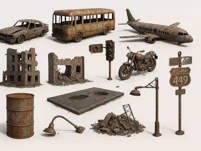 Post-Apocalyptic Street Kit Game Ready 3D Assets Low-poly 3D model