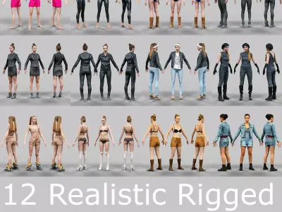 12 Rigged Female Characters Low-poly 3D model