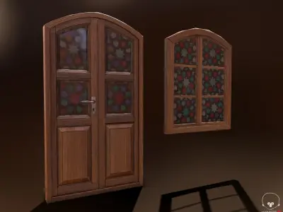 Old Wooden Door and Window Low poly PBR  Low-poly 3D model