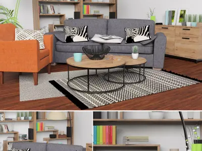 Bronx living room with furniture and bookshelves 3D model