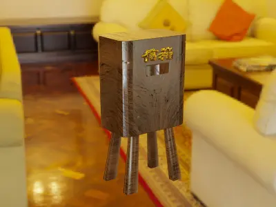 Wooden mailbox with golden Chinese script on body  Low-poly 3D model