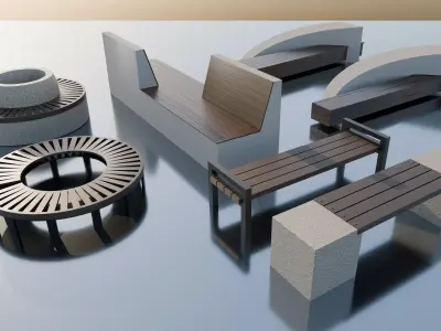 Outdoor park long chairs set 3D model