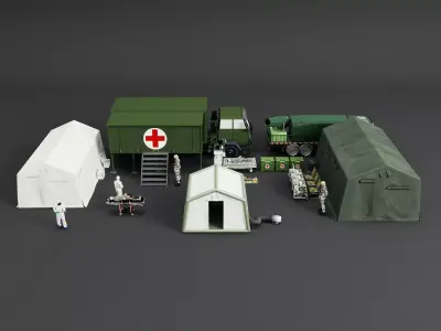 Army Medic Camp Tent Red Cross Truck Medical Props Pack Low-poly 3D model