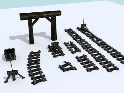 Medieval Mine Cart Tracks - Modular Low-poly 3D model
