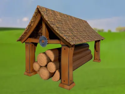 Stylized log shed sawmill PBR game ready Low-poly 3D model
