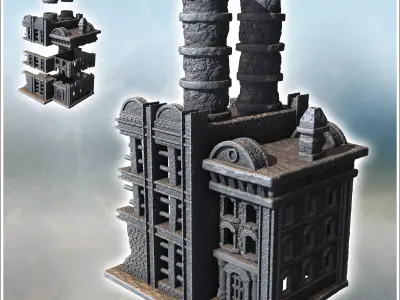 Destroyed modern factory with double chimneys and two storeys 3  3D print model