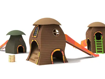 Mushroom wood playhouse playground with slide  3D model