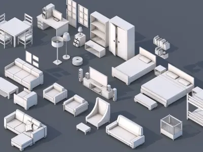 100 Low Poly Furniture Pack 4 in 1 Low-poly 3D model