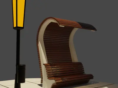 Bench with a street lamp Low-poly 3D model