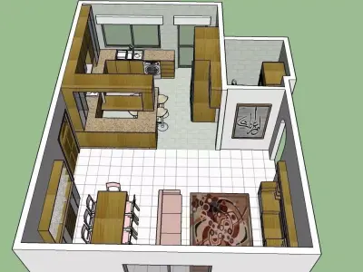 German style Kitchen with dining and living room plus LCD set 3D model